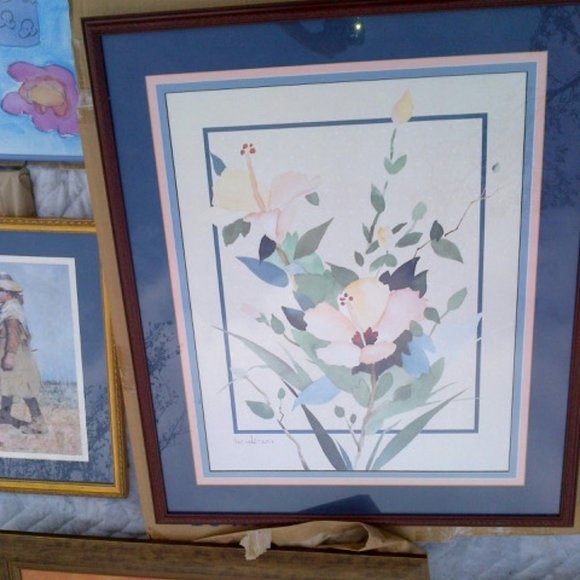 BLUE AND PEACH FLOWER PRINT WITH CUSTOM TRIPLE MAT AND CHERRY WOOD FRAME - Picture 3 of 7